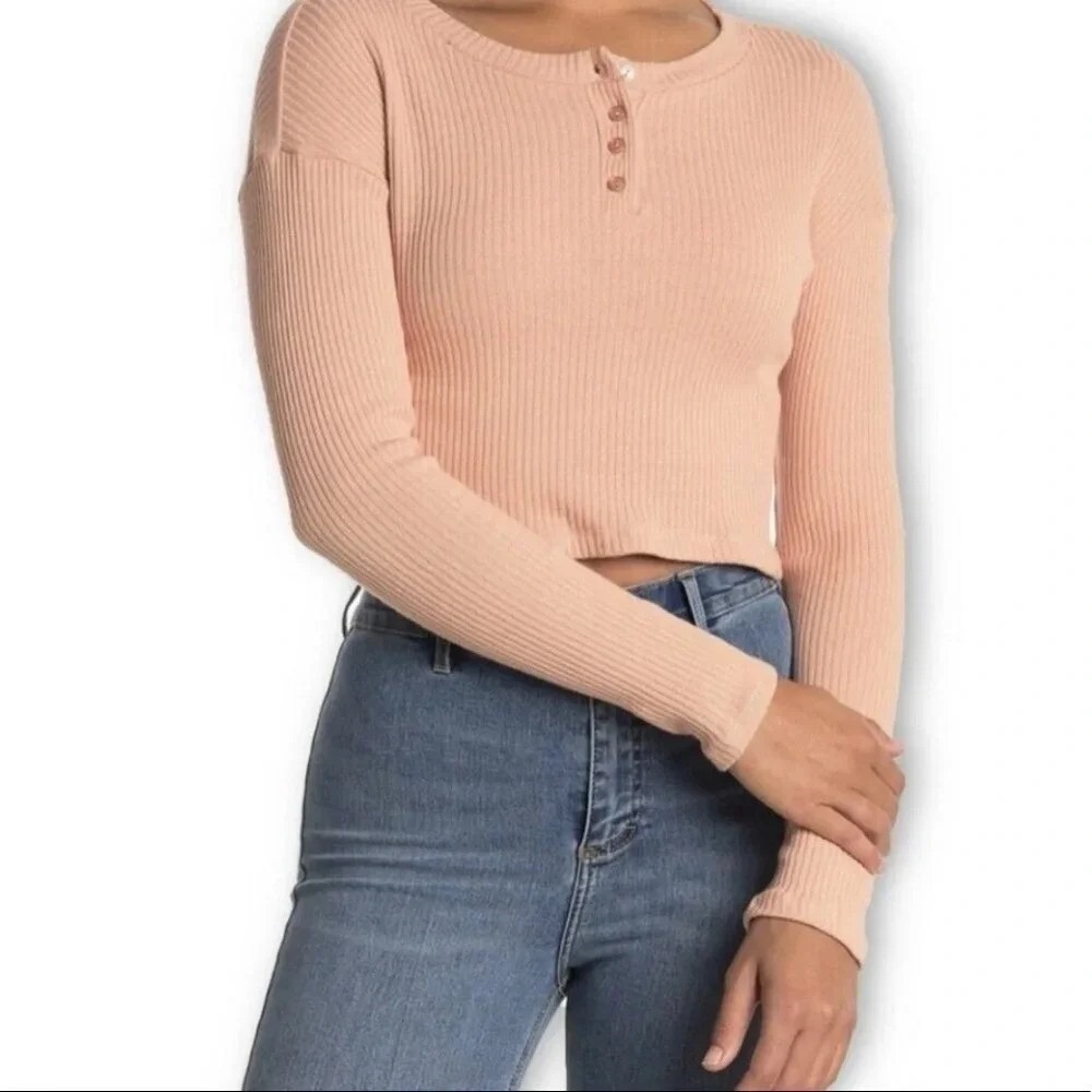 Lush Ribbed Henley Top Women Medium Cafe‎ Creme NWT